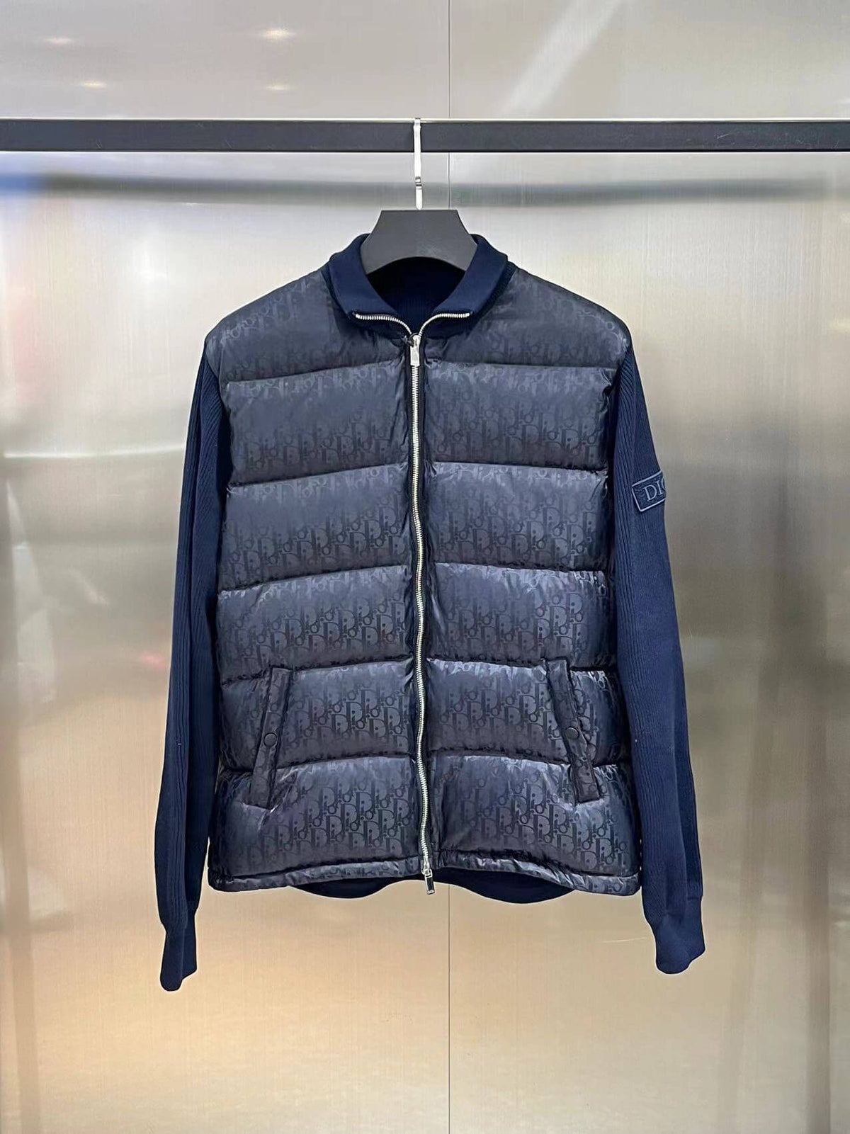 Dior Oblique Bi-Material Down Jacket – Navy Blue Knit Sleeve Puffer