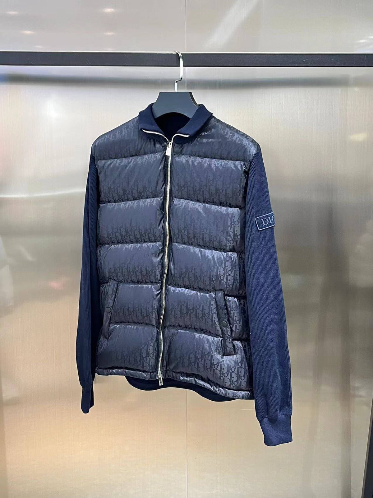 Dior Oblique Bi-Material Down Jacket – Navy Blue Knit Sleeve Puffer
