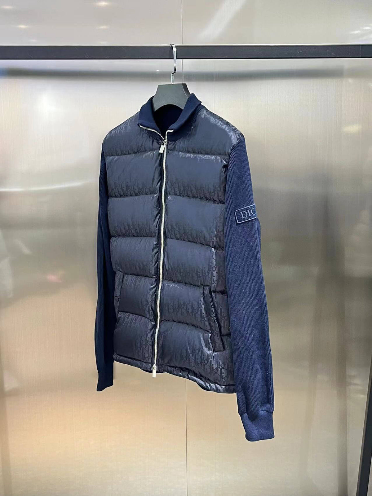 Dior Oblique Bi-Material Down Jacket – Navy Blue Knit Sleeve Puffer