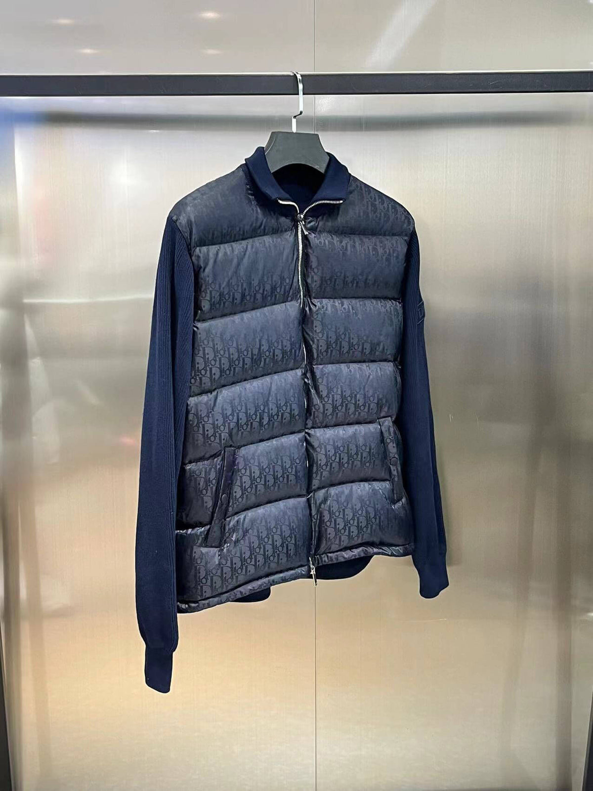 Dior Oblique Bi-Material Down Jacket – Navy Blue Knit Sleeve Puffer