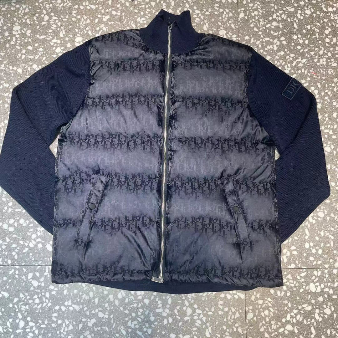 Dior Oblique Bi-Material Down Jacket – Navy Blue Knit Sleeve Puffer