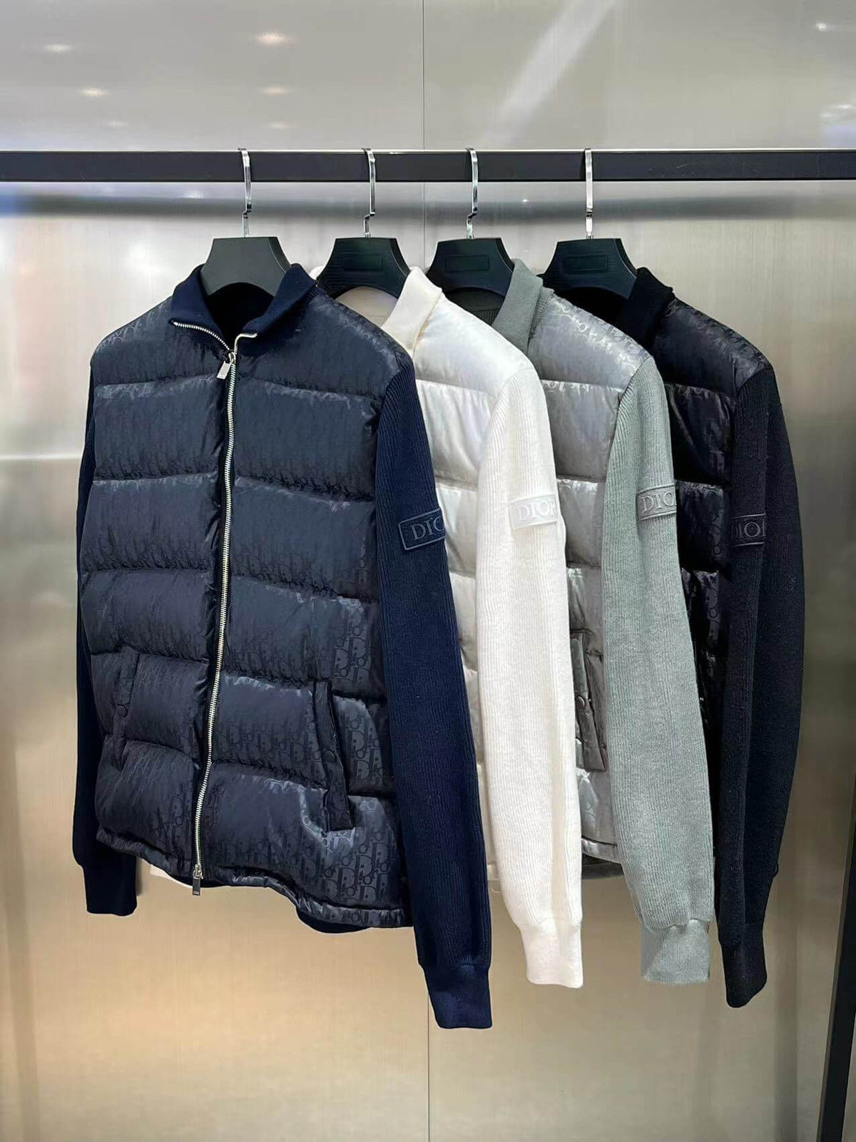 Dior Oblique Bi-Material Down Jacket – Navy Blue Knit Sleeve Puffer