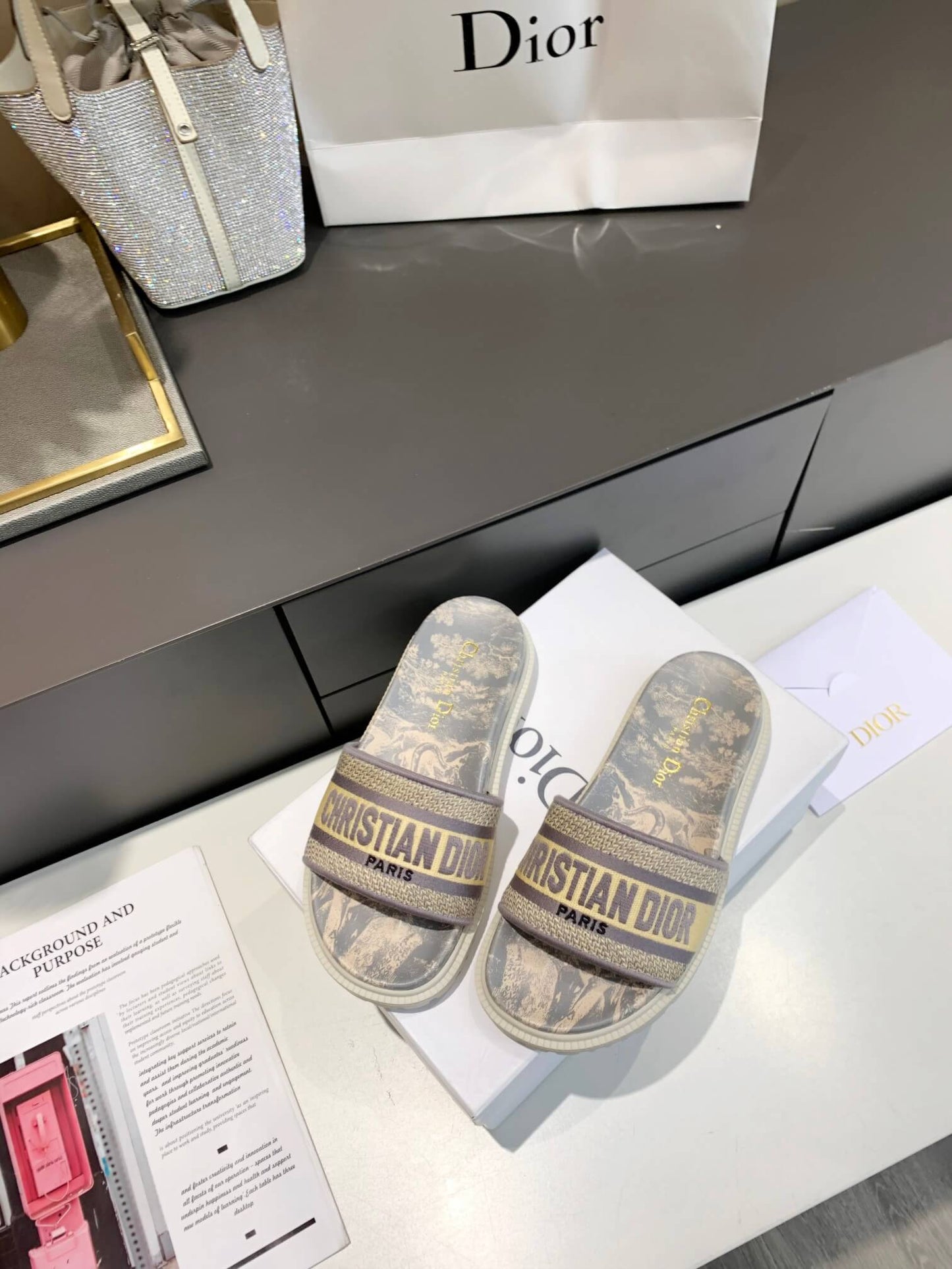 Dior D-Way Beige Toile de Jouy with Light Gold Embroidered Strap Slides