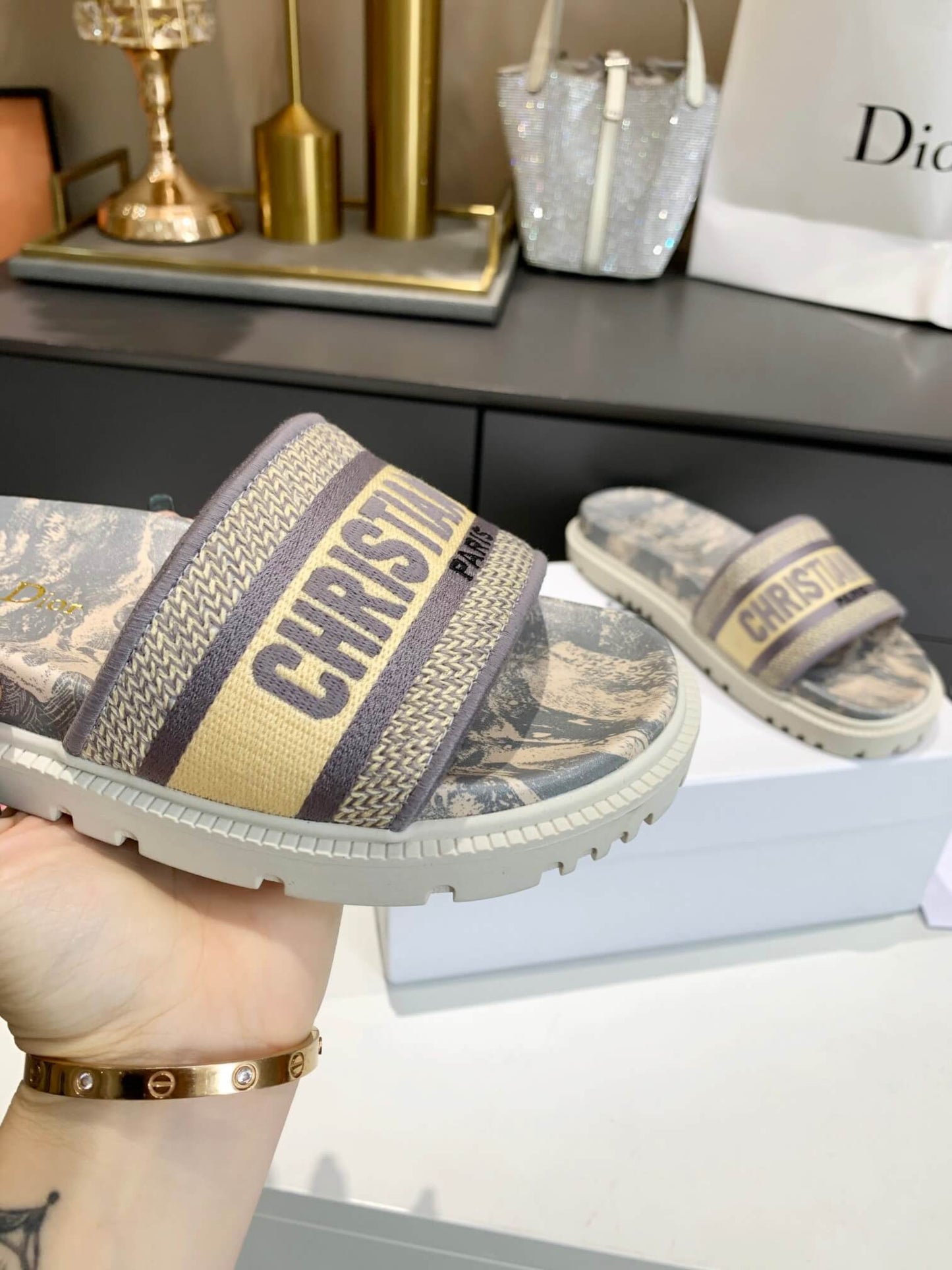 Dior D-Way Beige Toile de Jouy with Light Gold Embroidered Strap Slides