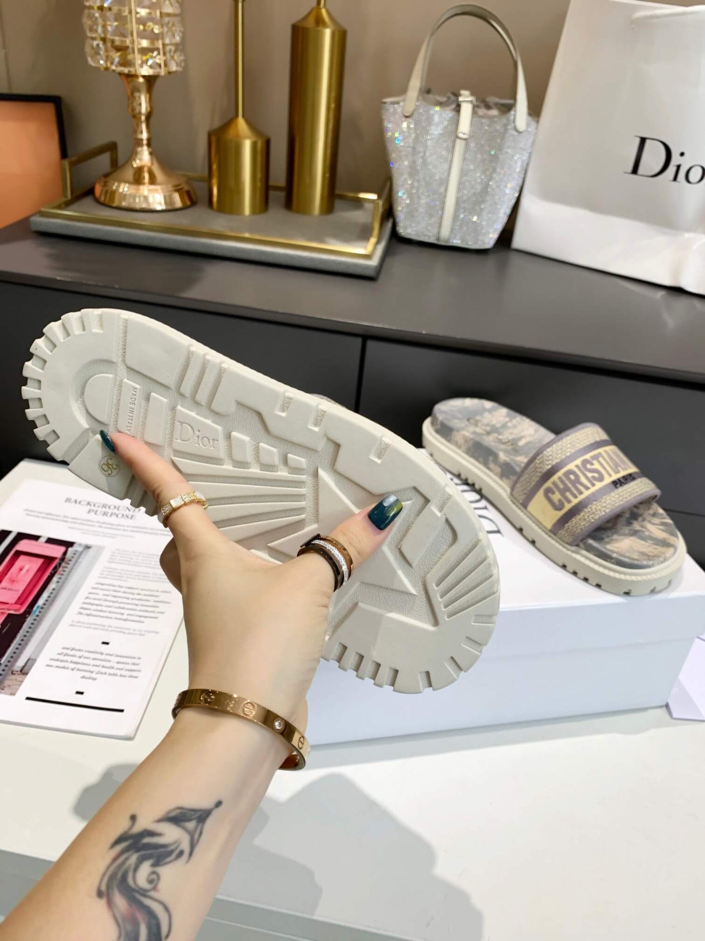 Dior D-Way Beige Toile de Jouy with Light Gold Embroidered Strap Slides