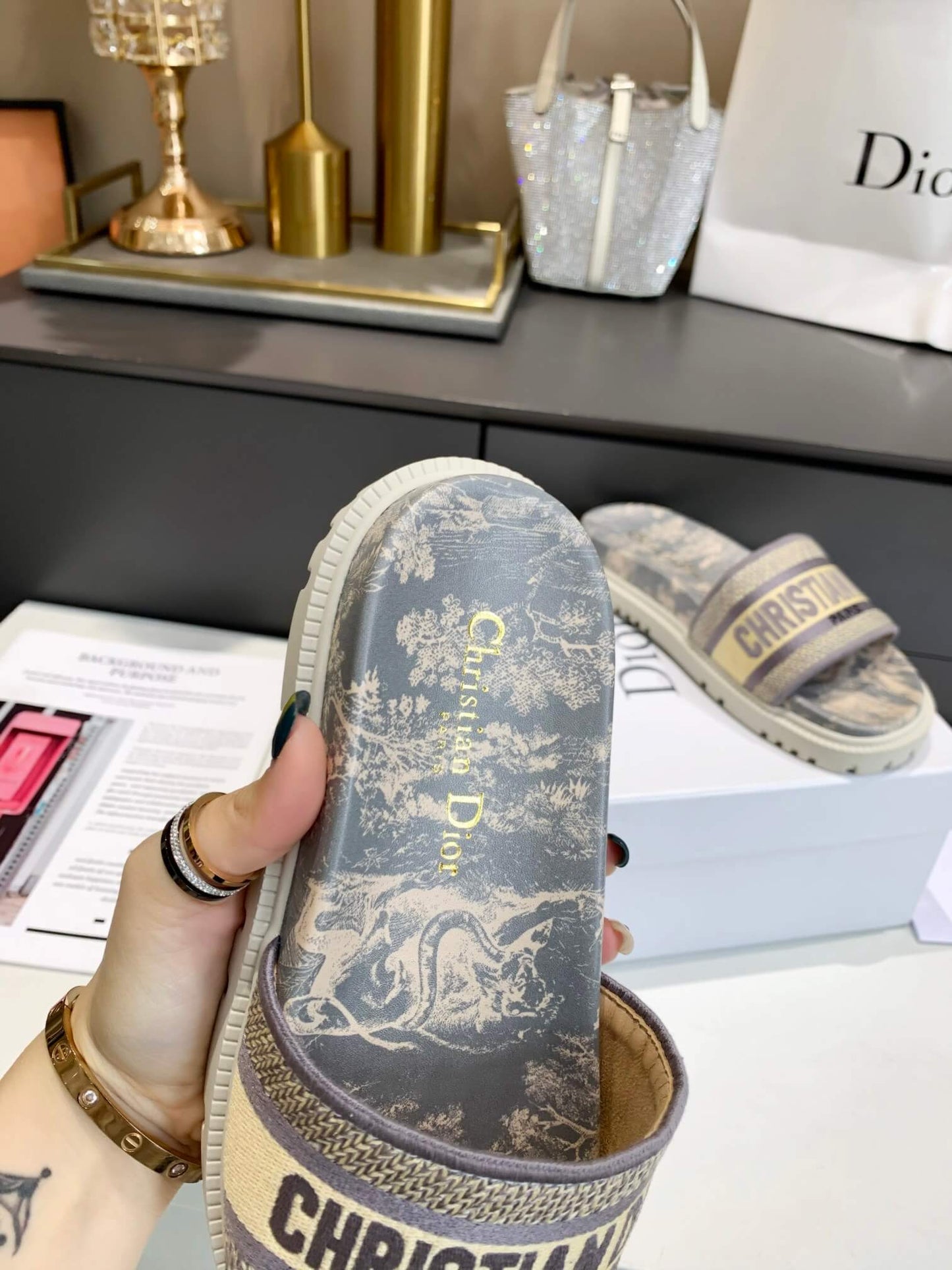 Dior D-Way Beige Toile de Jouy with Light Gold Embroidered Strap Slides