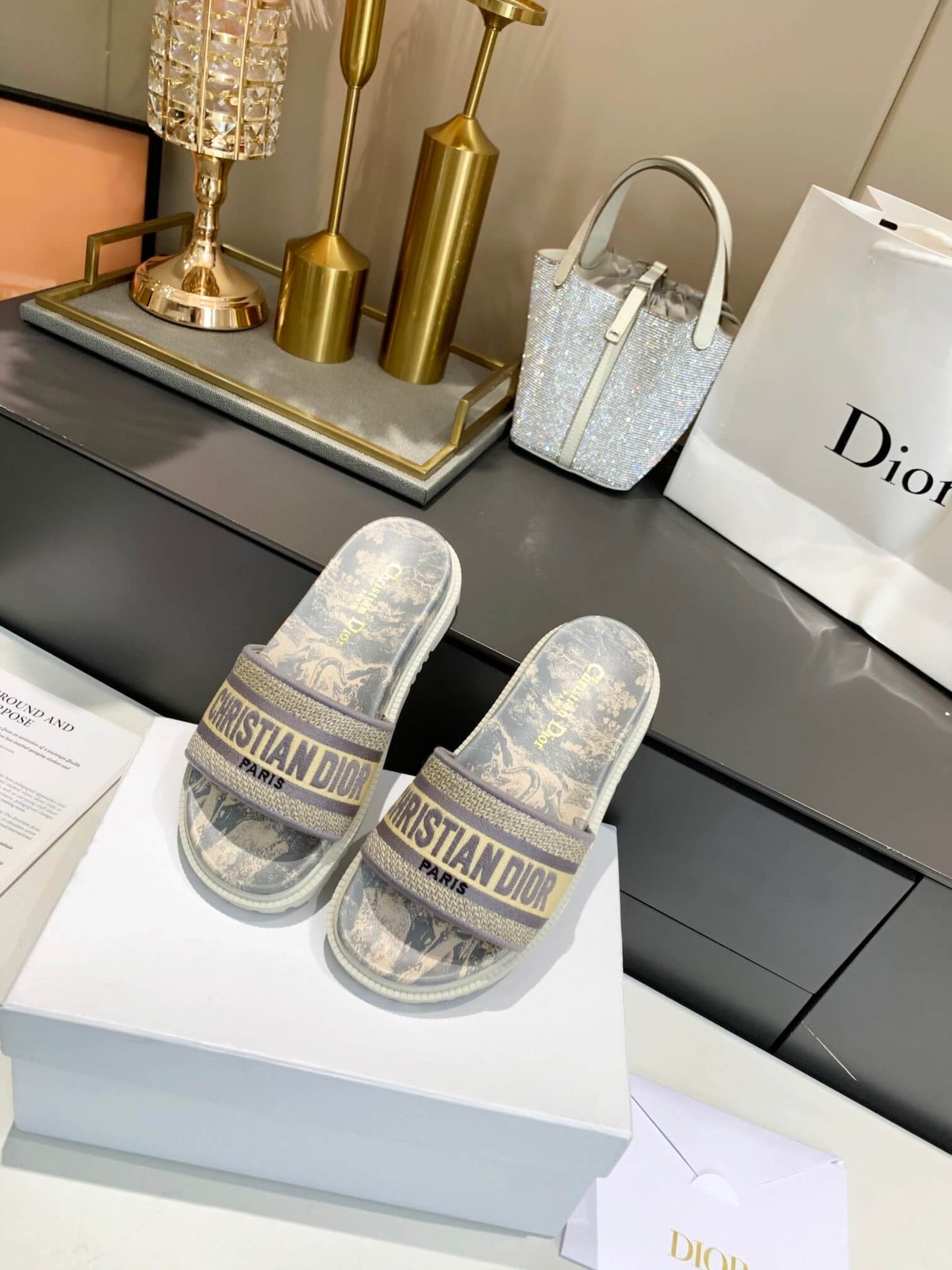 Dior D-Way Beige Toile de Jouy with Light Gold Embroidered Strap Slides