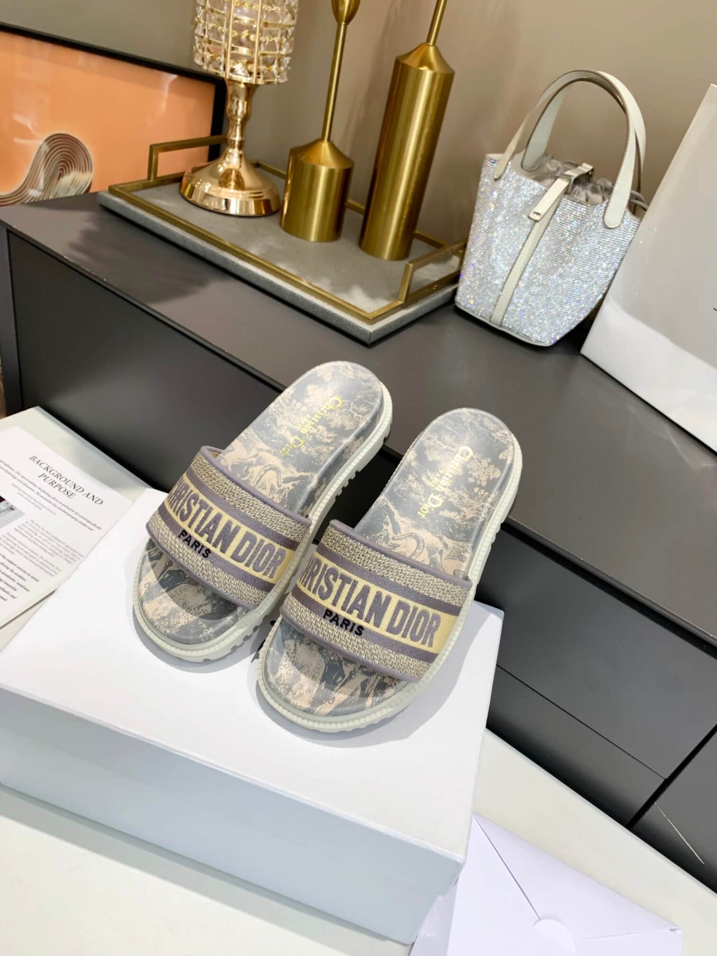 Dior D-Way Beige Toile de Jouy with Light Gold Embroidered Strap Slides