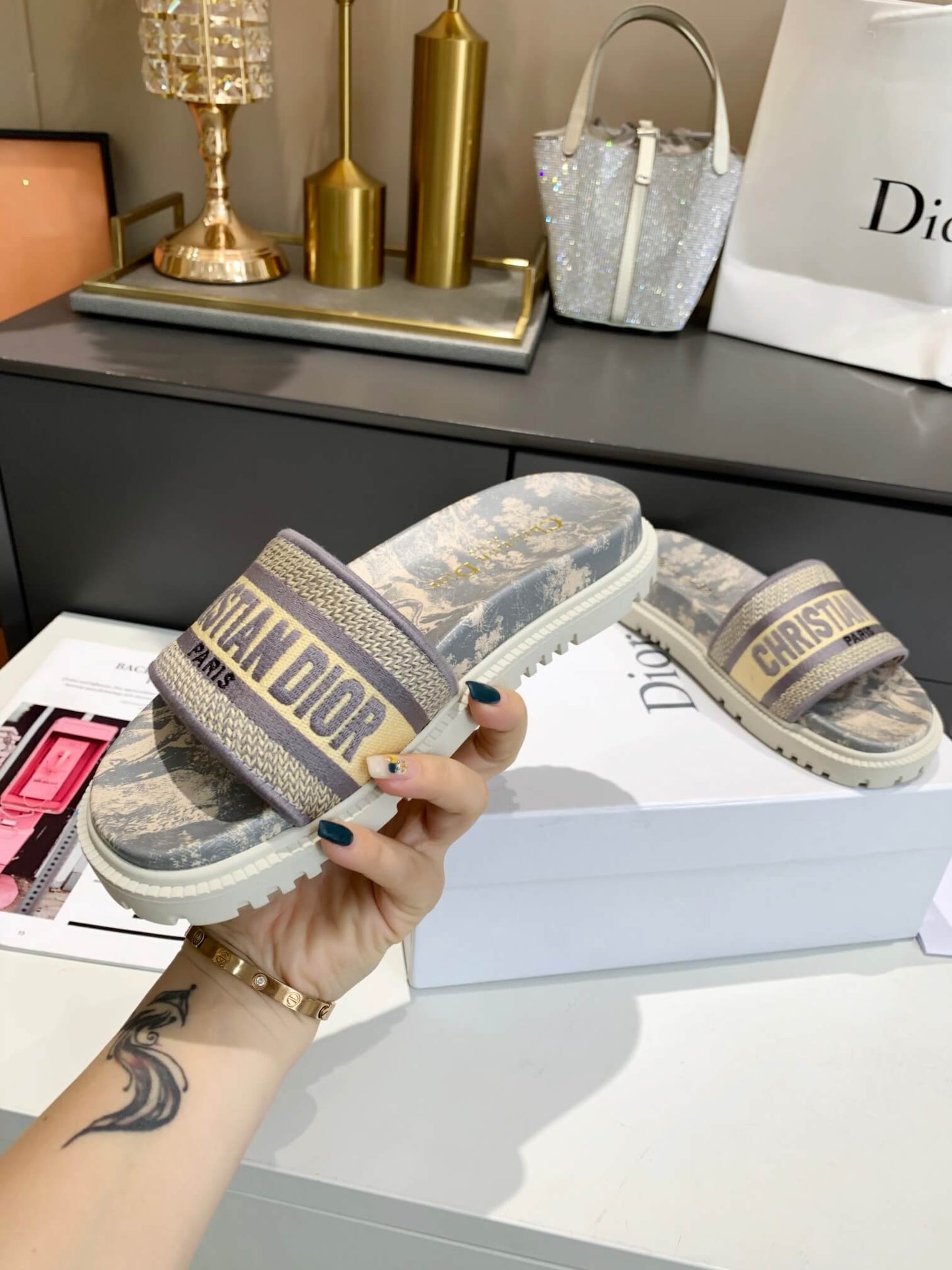 Dior D-Way Beige Toile de Jouy with Light Gold Embroidered Strap Slides