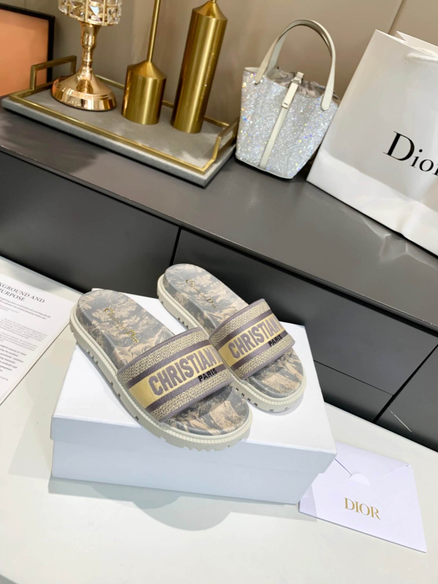 Dior D-Way Beige Toile de Jouy with Light Gold Embroidered Strap Slides