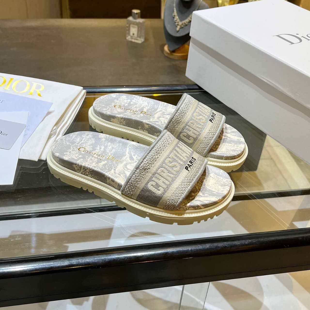 Dior D-Way Beige and Cream with Tonal Embroidered Strap Slide