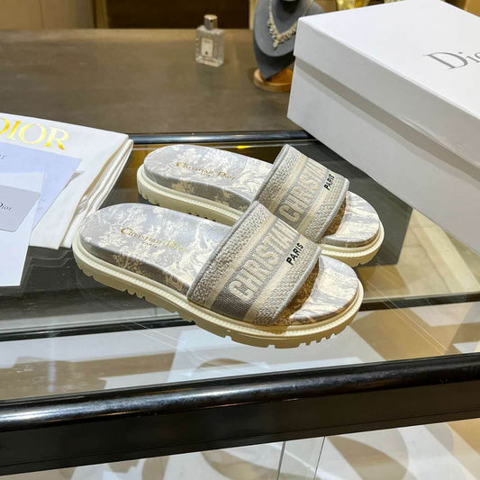 Dior D-Way Beige and Cream with Tonal Embroidered Strap Slide