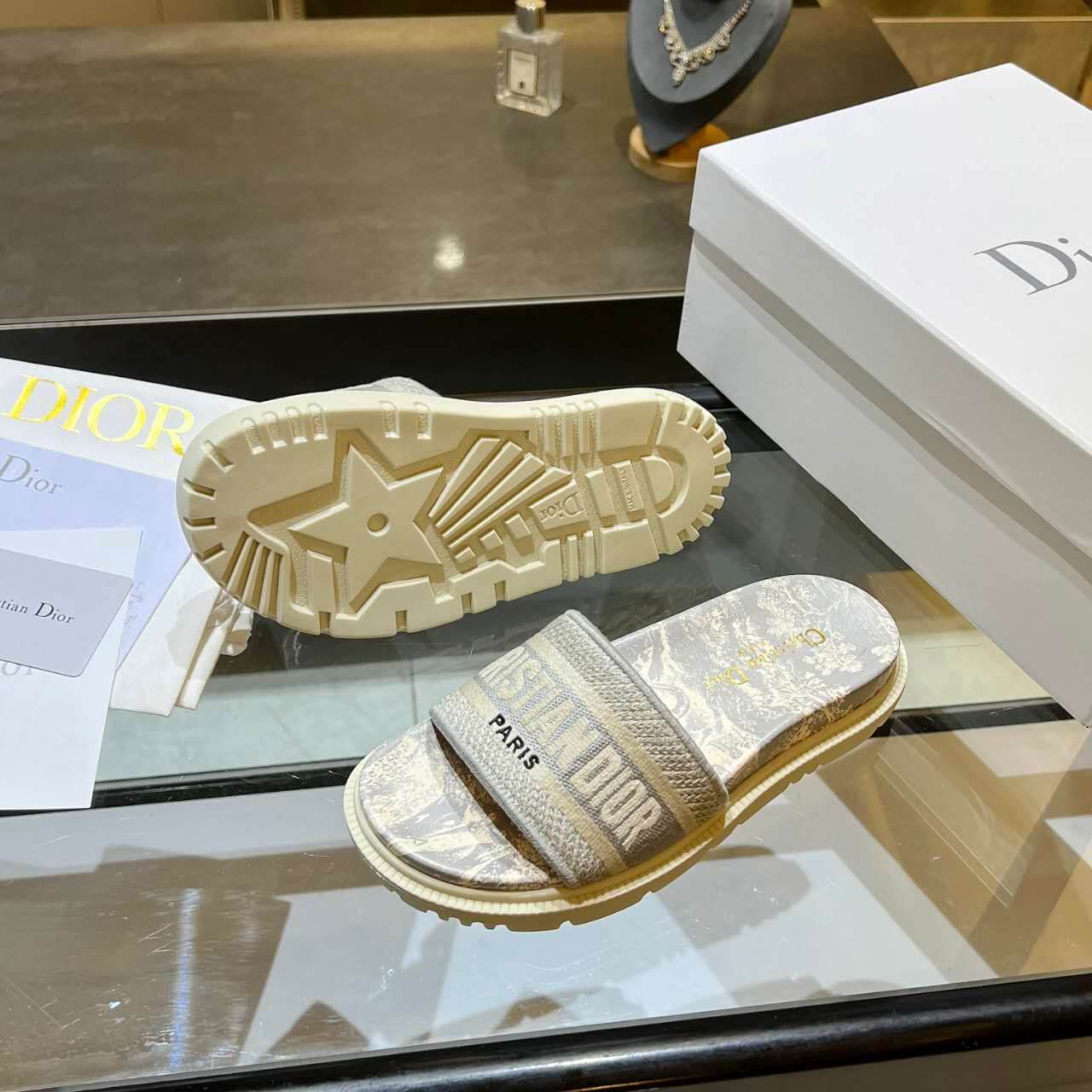 Dior D-Way Beige and Cream with Tonal Embroidered Strap Slide