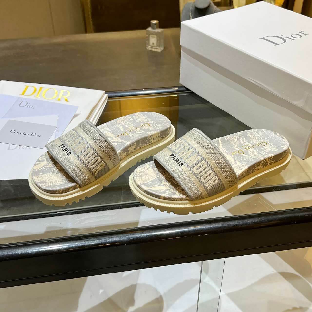 Dior D-Way Beige and Cream with Tonal Embroidered Strap Slide