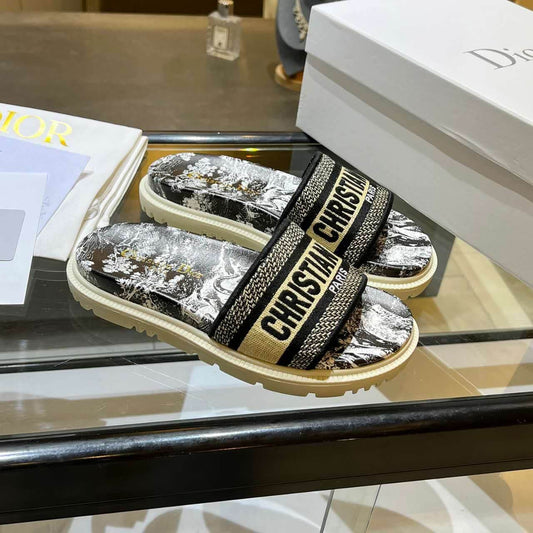 Dior D-Way  Black and Beige with Gold-Tone Embroidered Strap Slide