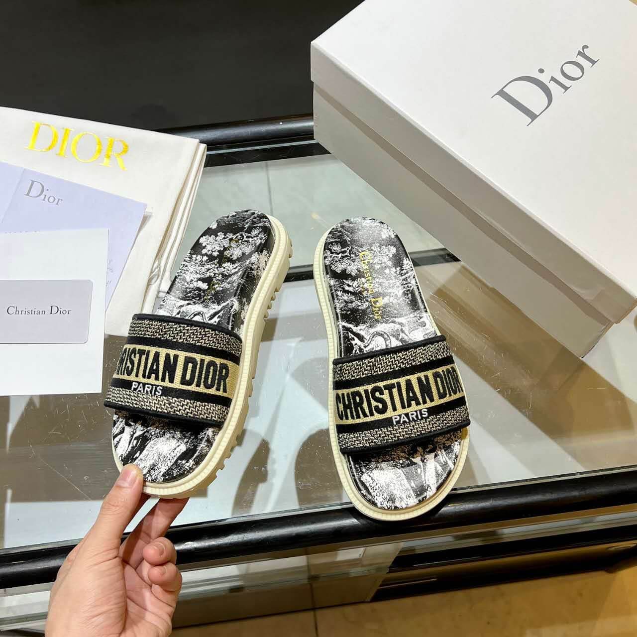 Dior D-Way Black and Beige with Gold-Tone Embroidered Strap Slide
