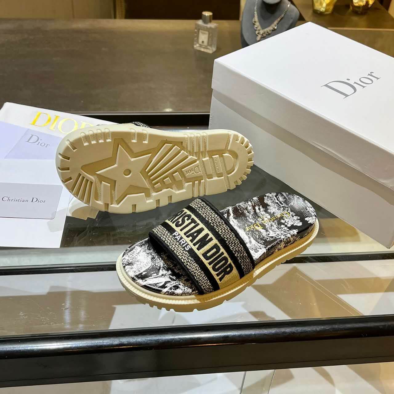 Dior D-Way  Black and Beige with Gold-Tone Embroidered Strap Slide