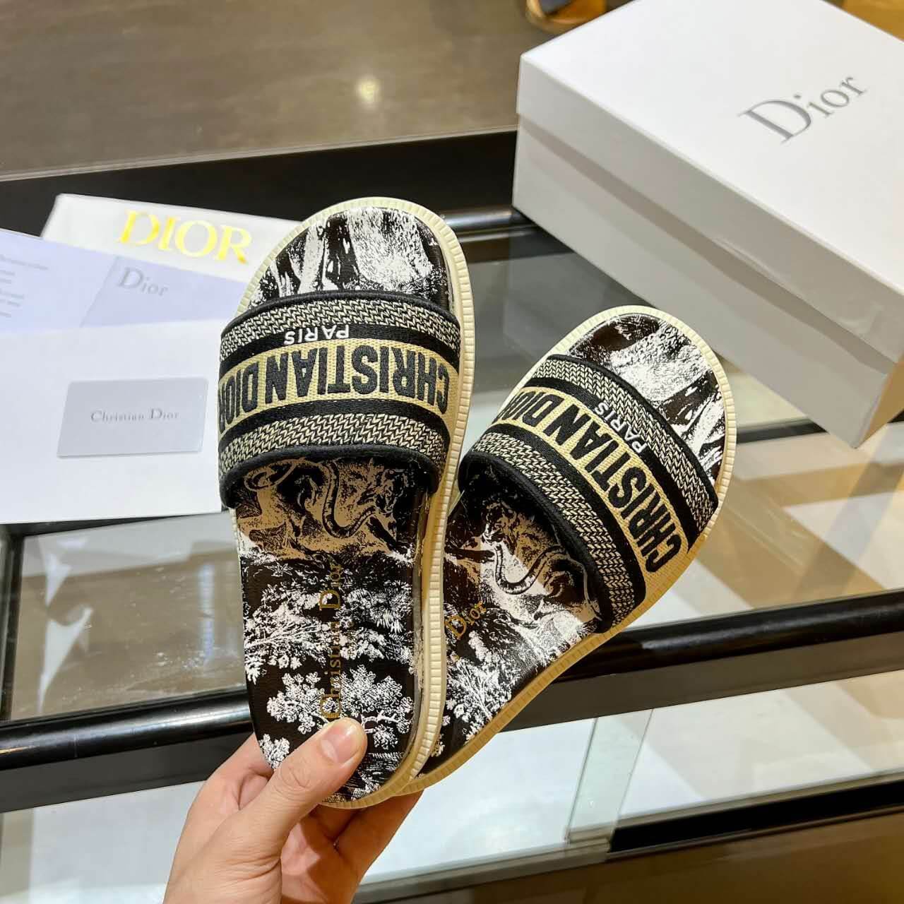 Dior D-Way Black and Beige with Gold-Tone Embroidered Strap Slide