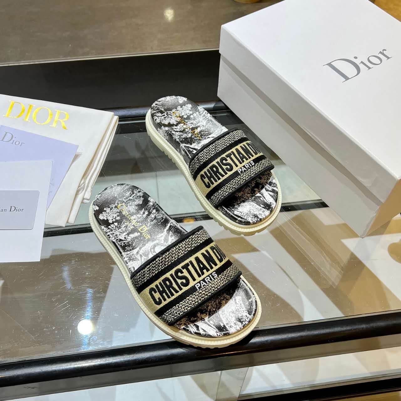 Dior D-Way  Black and Beige with Gold-Tone Embroidered Strap Slide