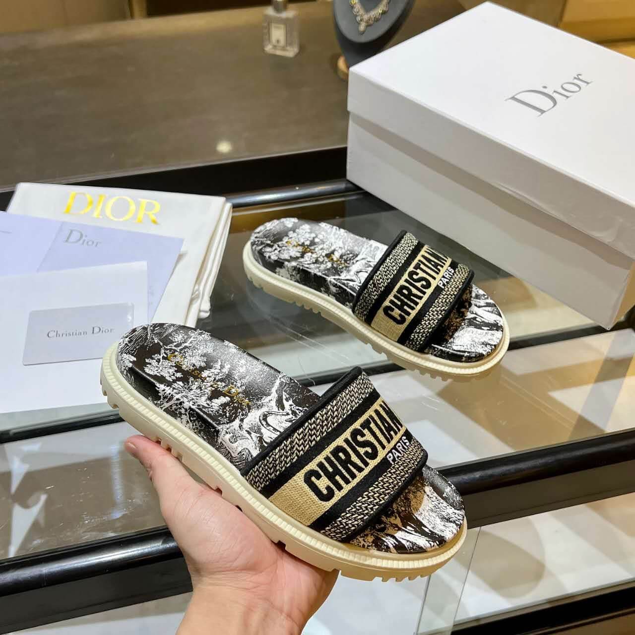 Dior D-Way  Black and Beige with Gold-Tone Embroidered Strap Slide