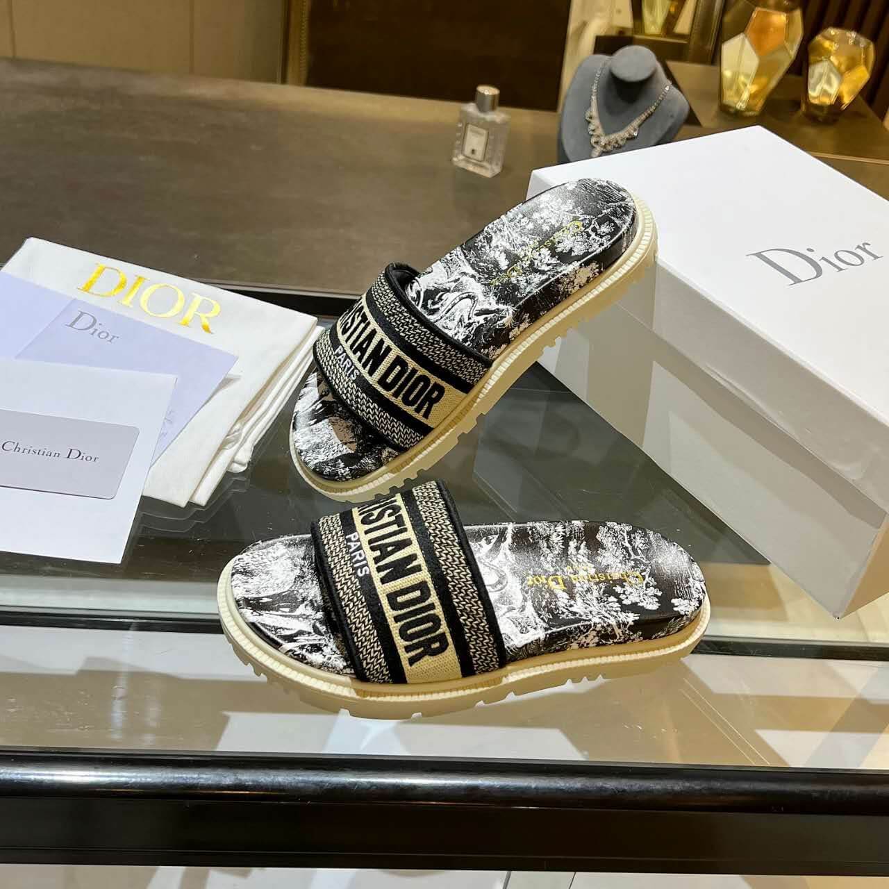 Dior D-Way  Black and Beige with Gold-Tone Embroidered Strap Slide