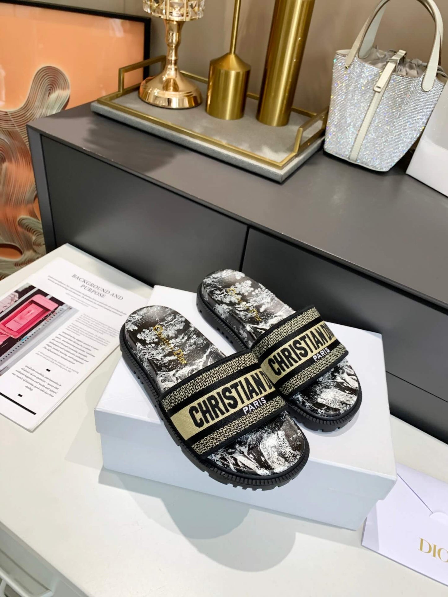 Dior D-Way Black and White Toile de Jouy with Beige Embroidered Strap Slides