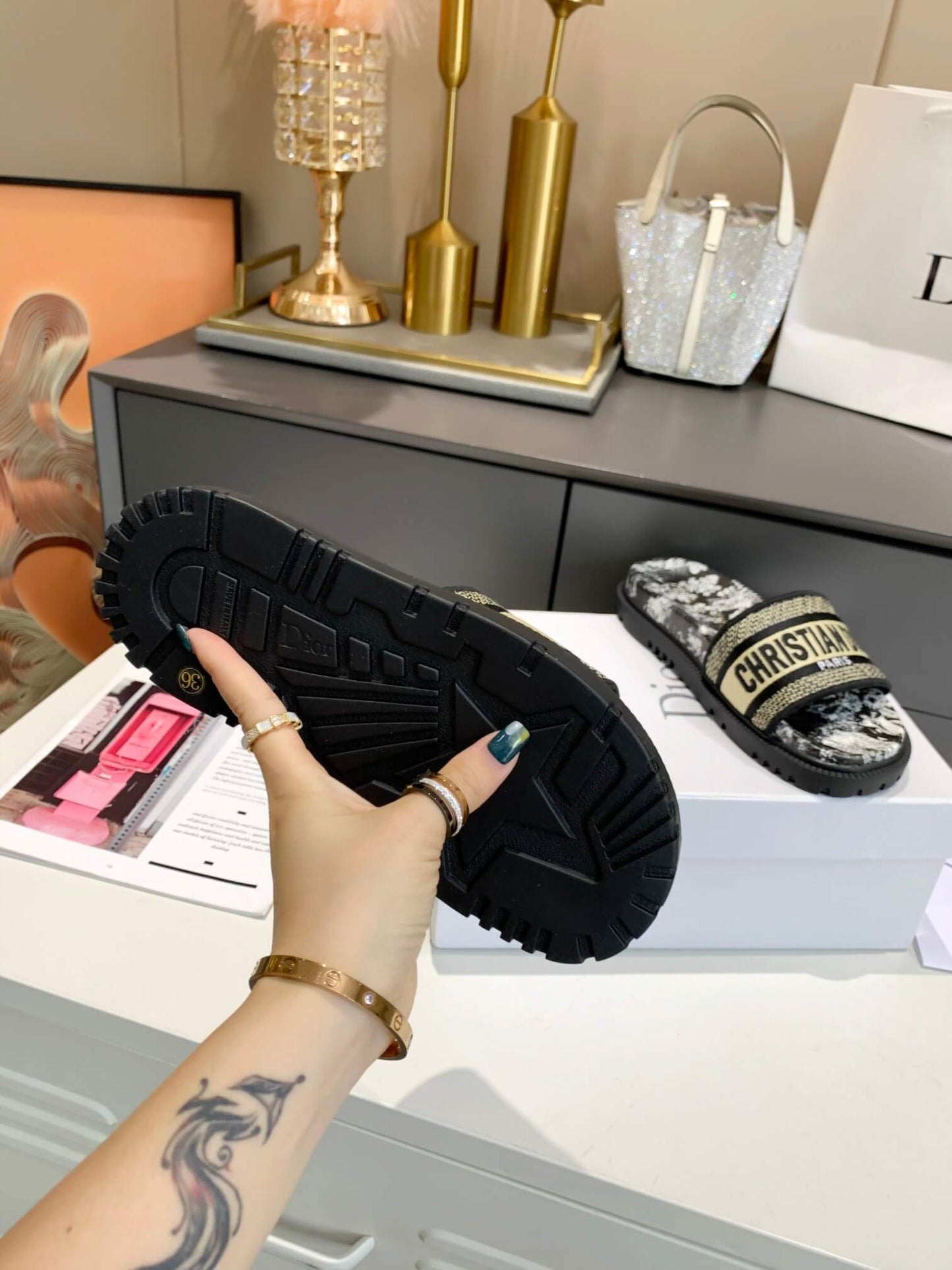 Dior D-Way Black and White Toile de Jouy with Beige Embroidered Strap Slides