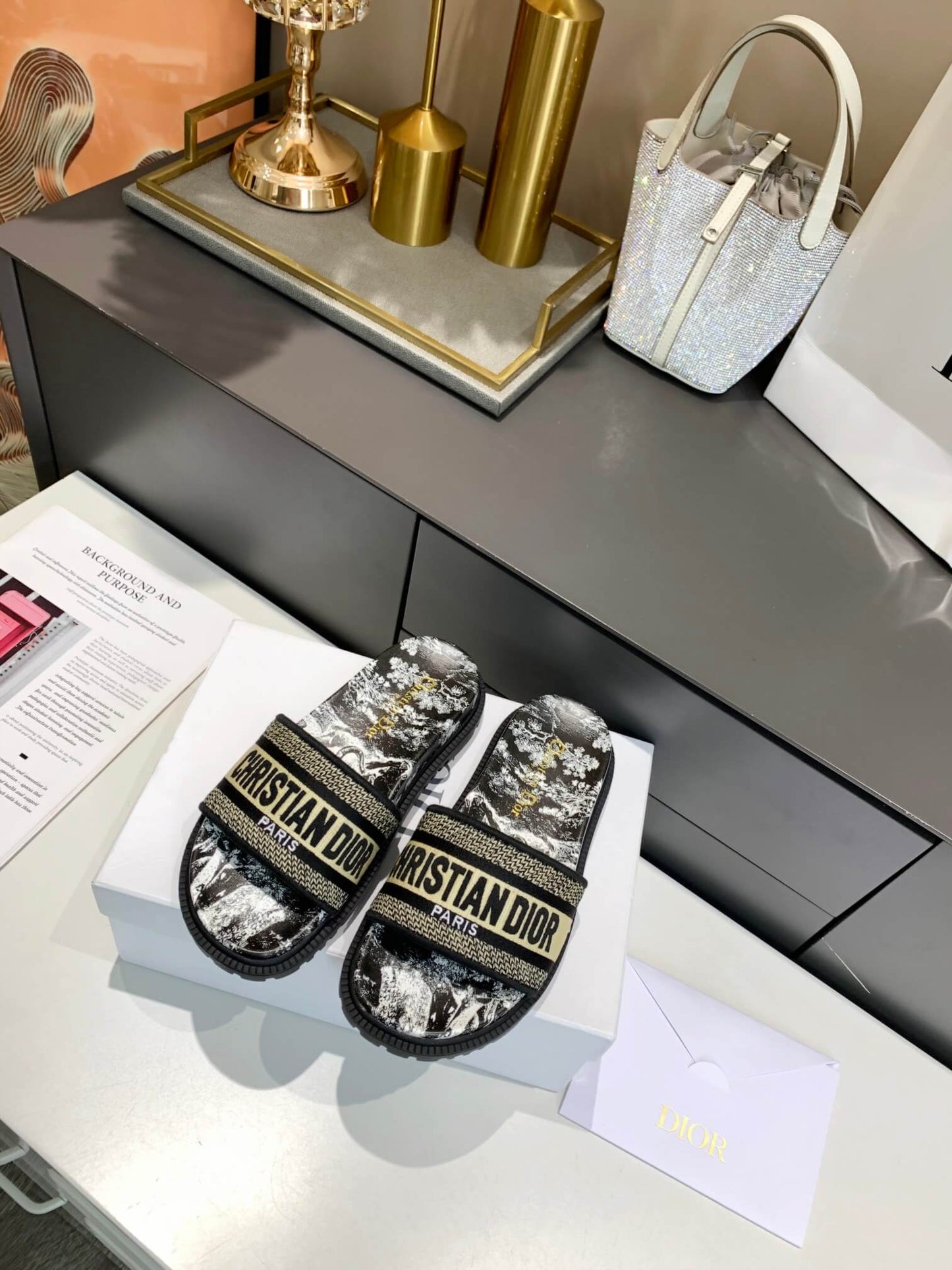 Dior D-Way Black and White Toile de Jouy with Beige Embroidered Strap Slides