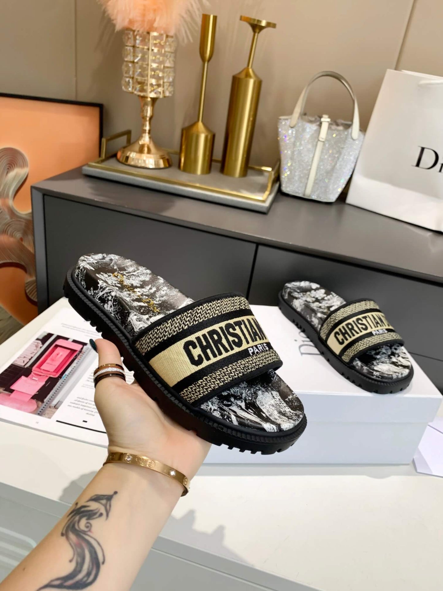 Dior D-Way Black and White Toile de Jouy with Beige Embroidered Strap Slides