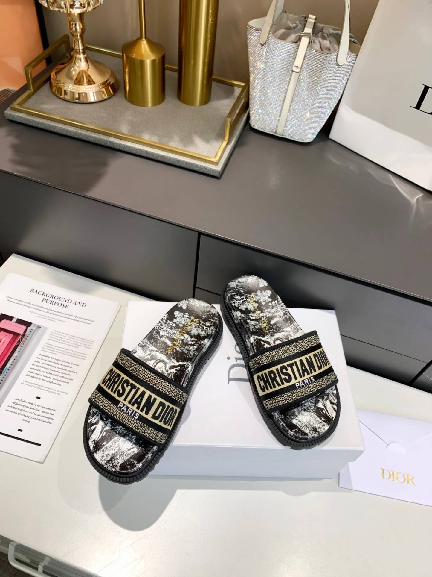 Dior D-Way Black and White Toile de Jouy with Beige Embroidered Strap Slides
