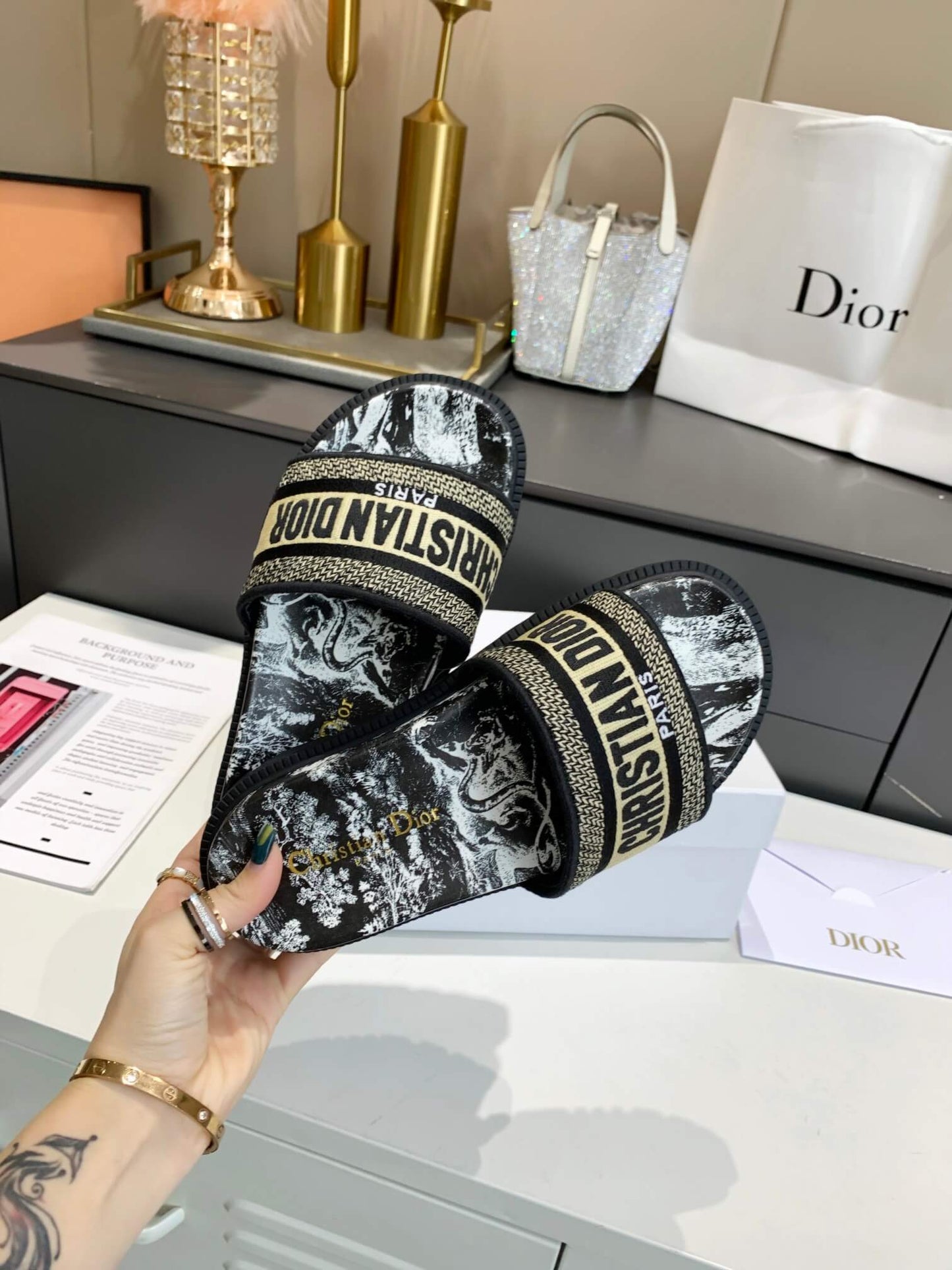 Dior D-Way Black and White Toile de Jouy with Beige Embroidered Strap Slides