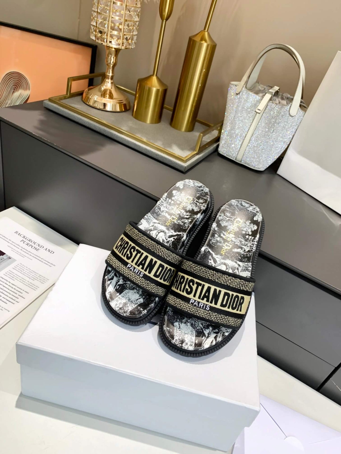 Dior D-Way Black and White Toile de Jouy with Beige Embroidered Strap Slides