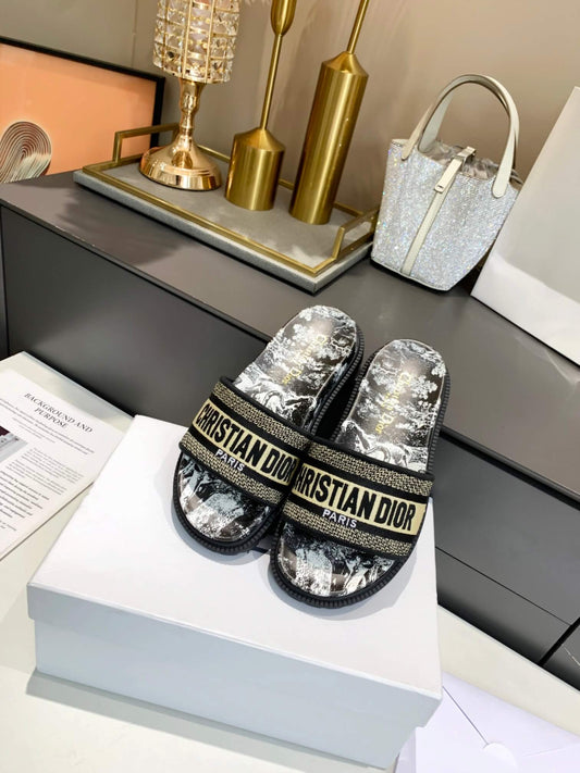 Dior D-Way Black and White Toile de Jouy with Beige Embroidered Strap Slides