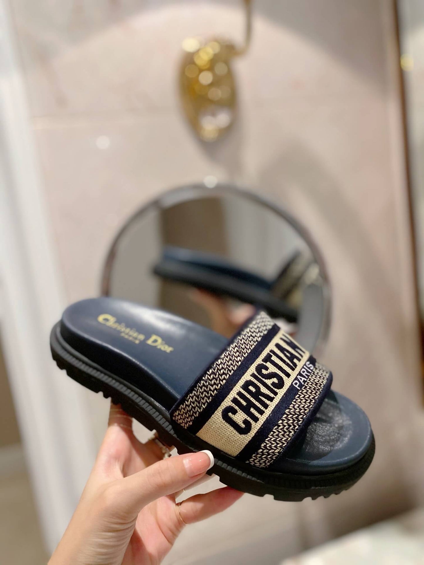 Dior D-Way Black with Gold Embroidered Strap Slides