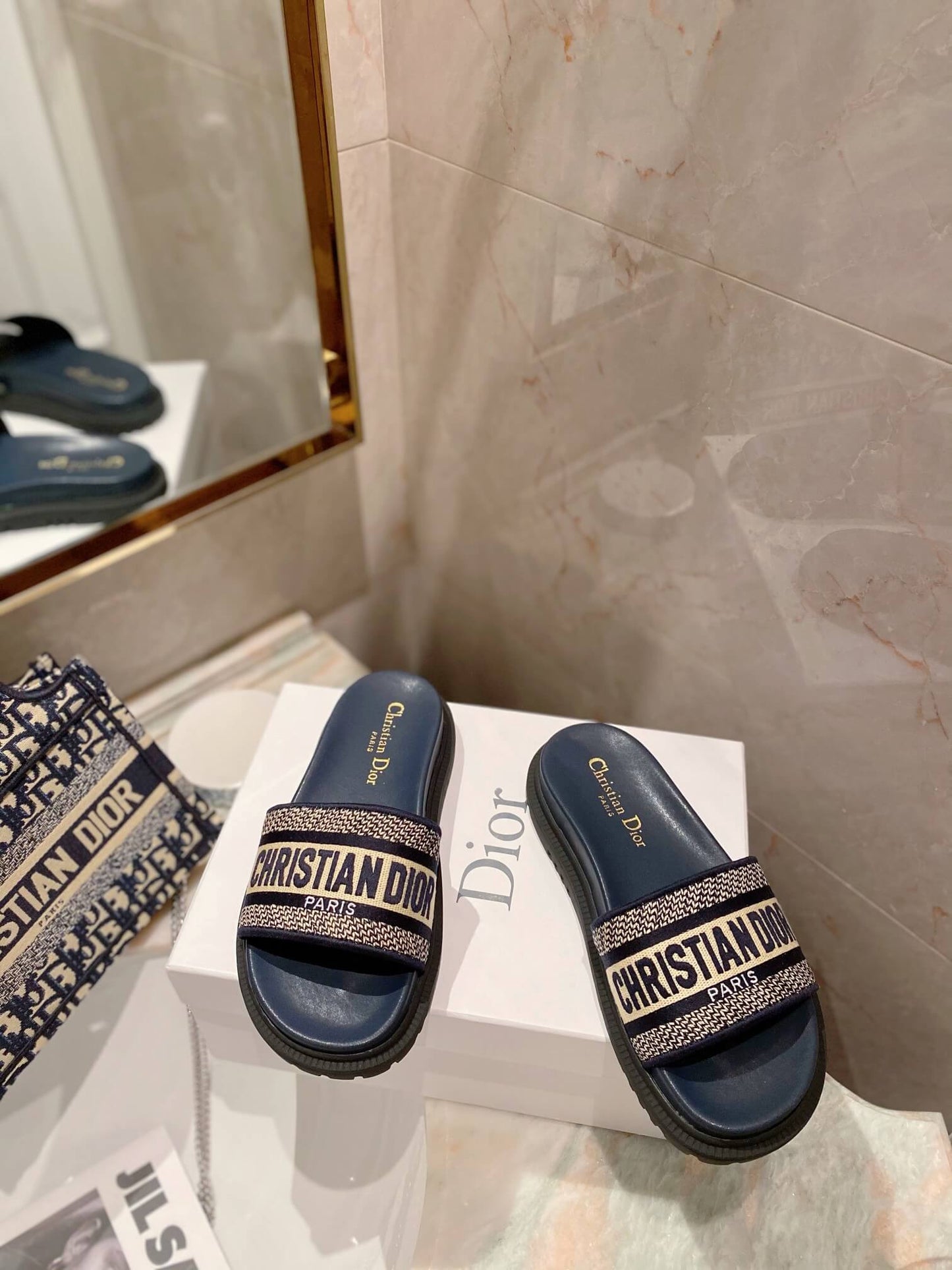 Dior D-Way Black with Gold Embroidered Strap Slides