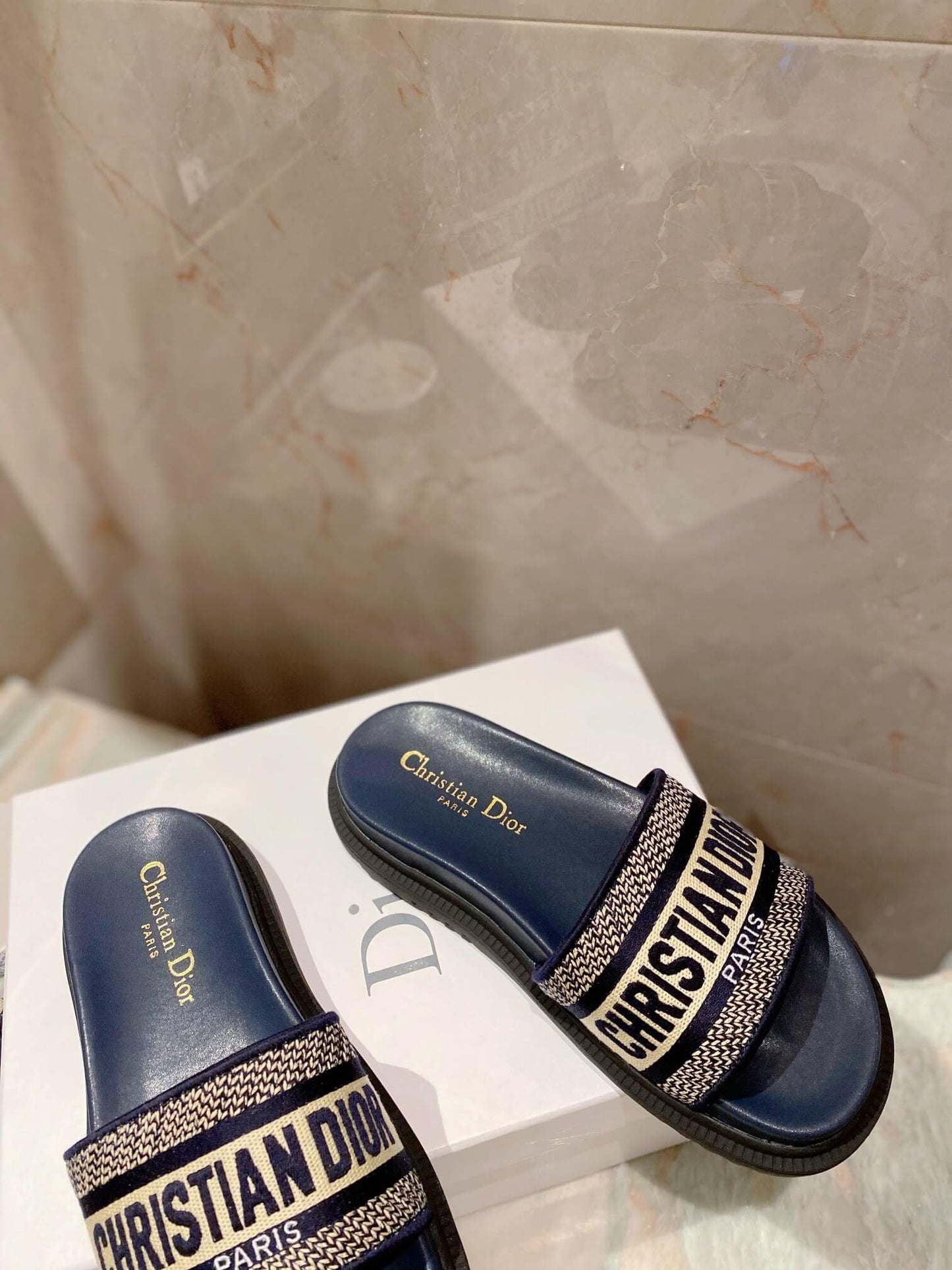 Dior D-Way Black with Gold Embroidered Strap Slides
