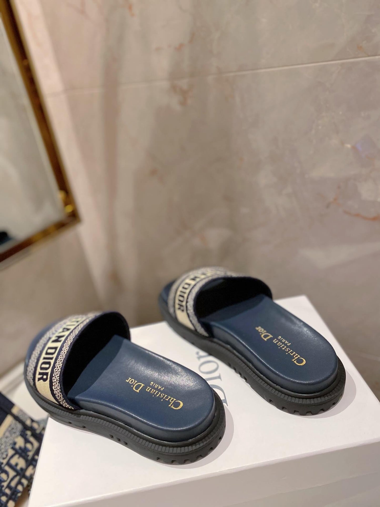 Dior D-Way Black with Gold Embroidered Strap Slides
