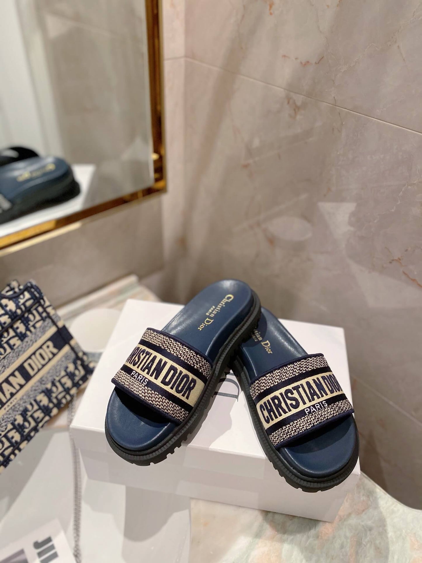 Dior D-Way Black with Gold Embroidered Strap Slides