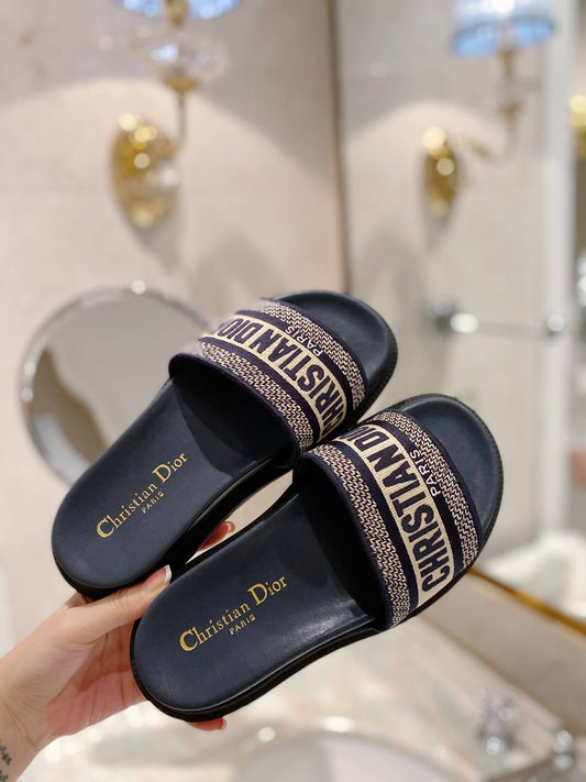 Dior D-Way Black with Gold Embroidered Strap Slides