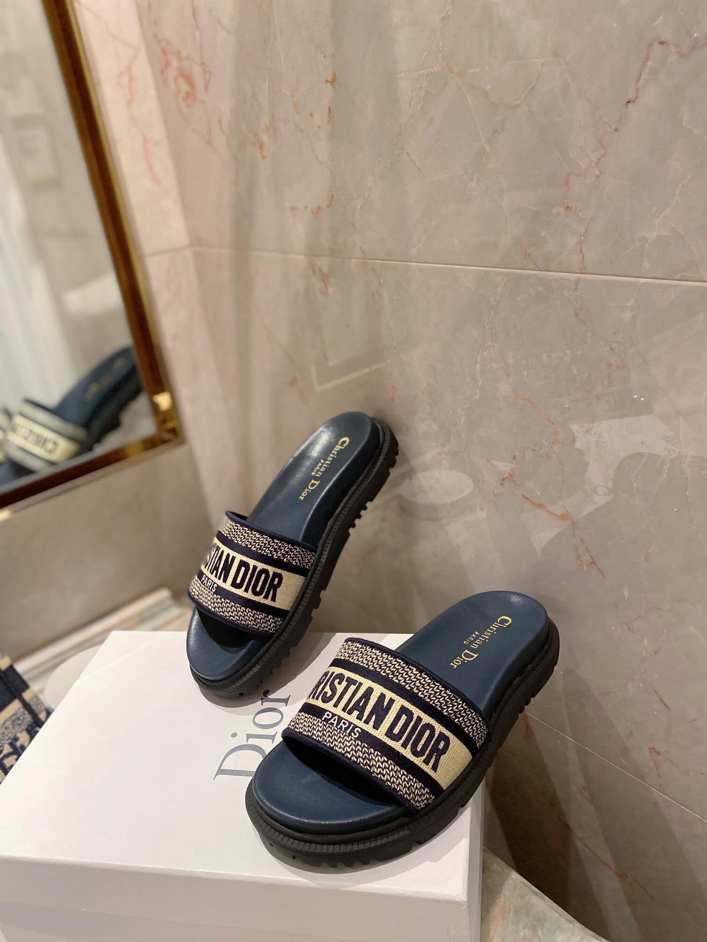 Dior D-Way Black with Gold Embroidered Strap Slides