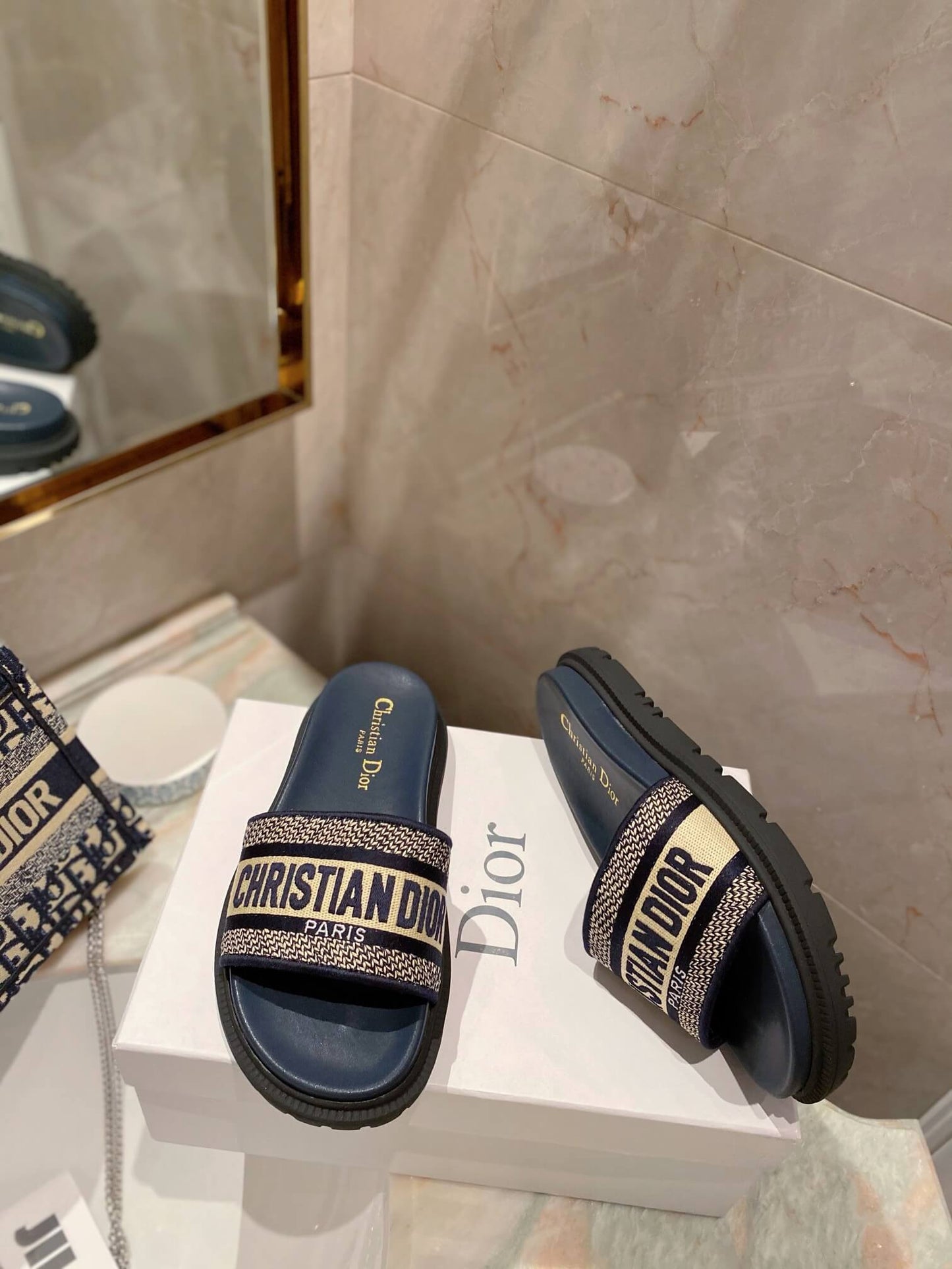 Dior D-Way Black with Gold Embroidered Strap Slides