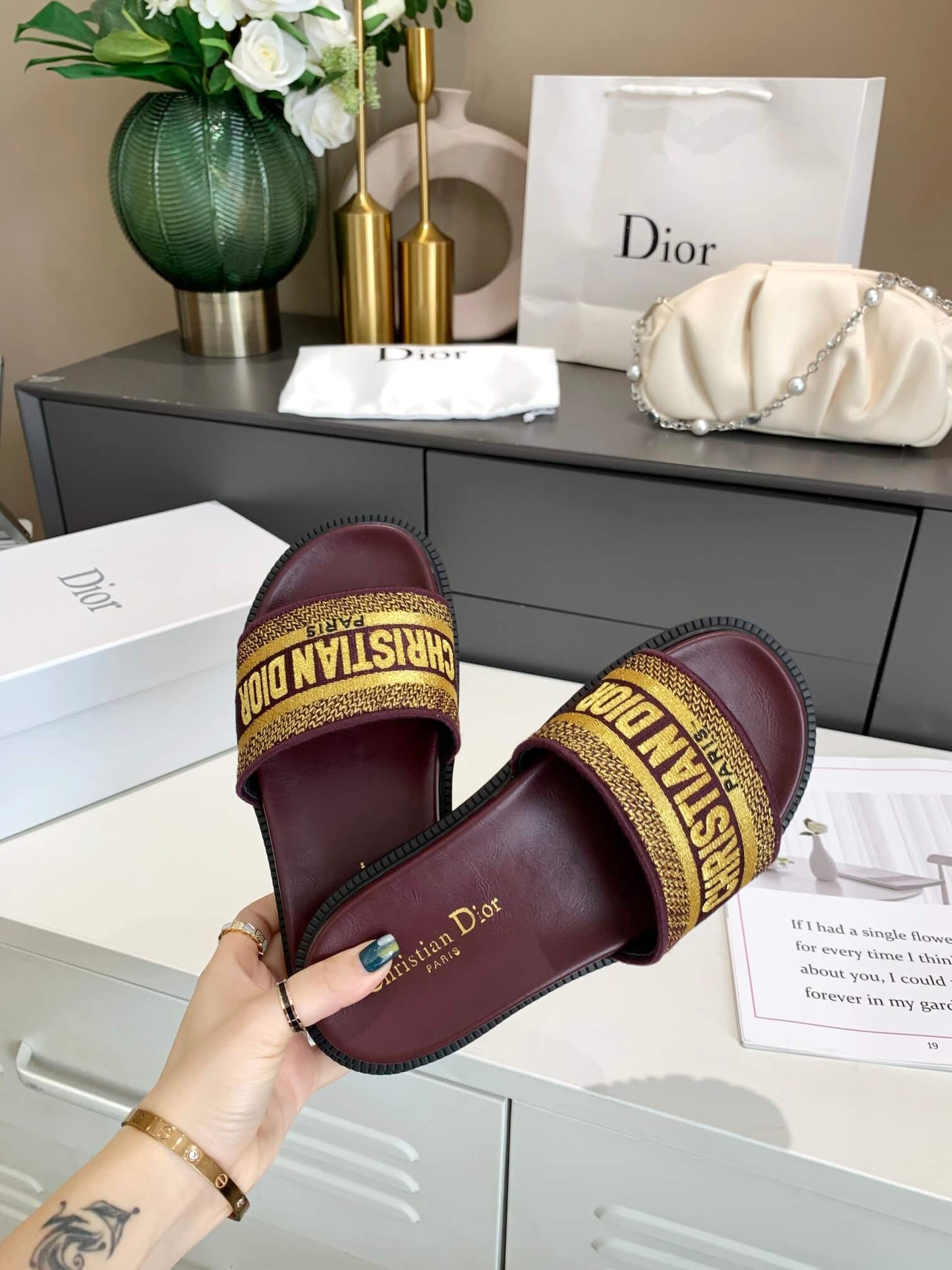 Dior D-Way Chocolate Brown with Gold Embroidered Strap Slides