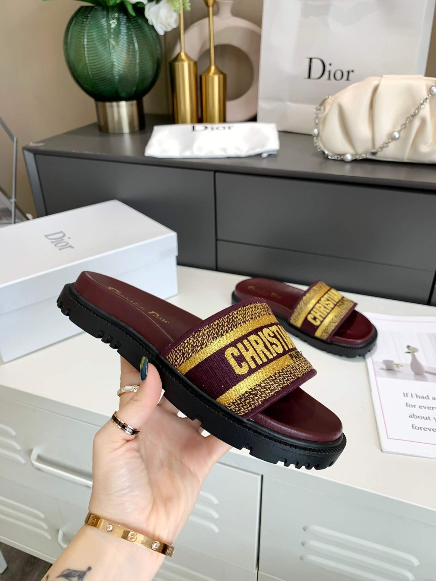 Dior D-Way Chocolate Brown with Gold Embroidered Strap Slides