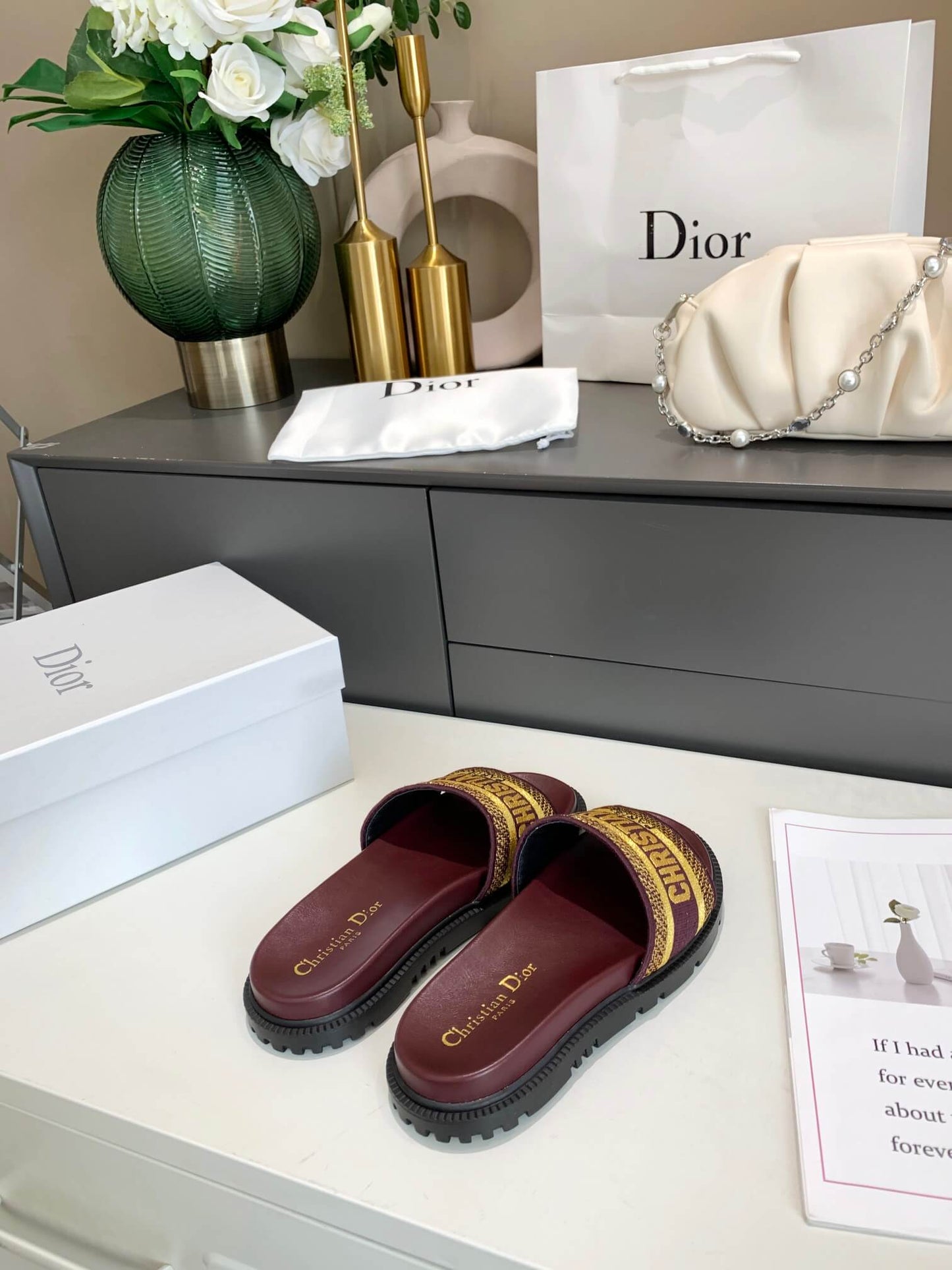 Dior D-Way Chocolate Brown with Gold Embroidered Strap Slides