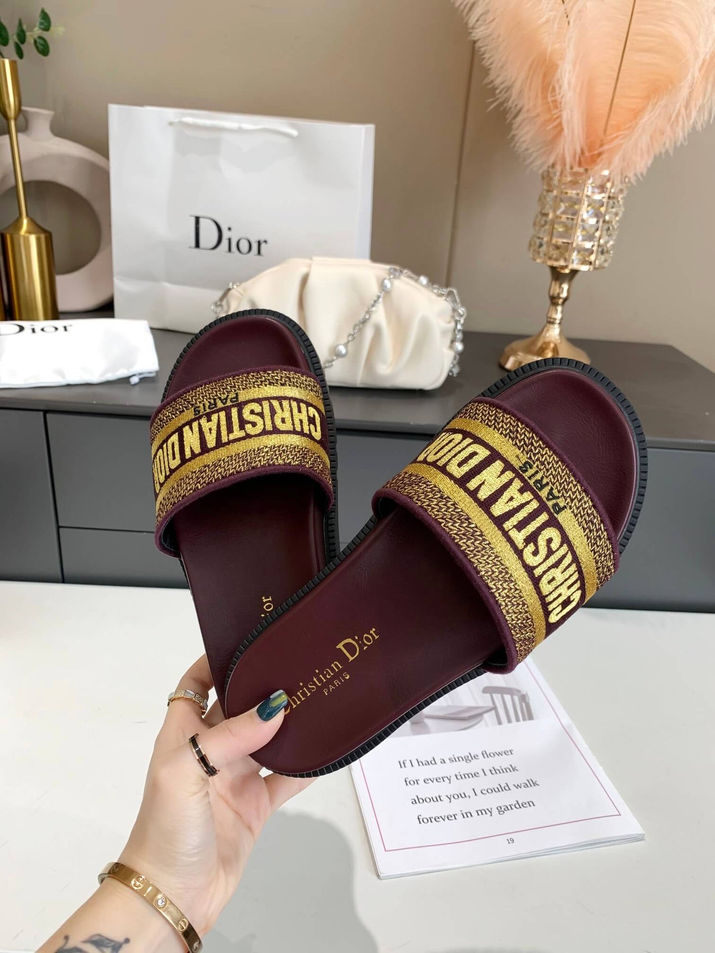 Dior D-Way Chocolate Brown with Gold Embroidered Strap Slides