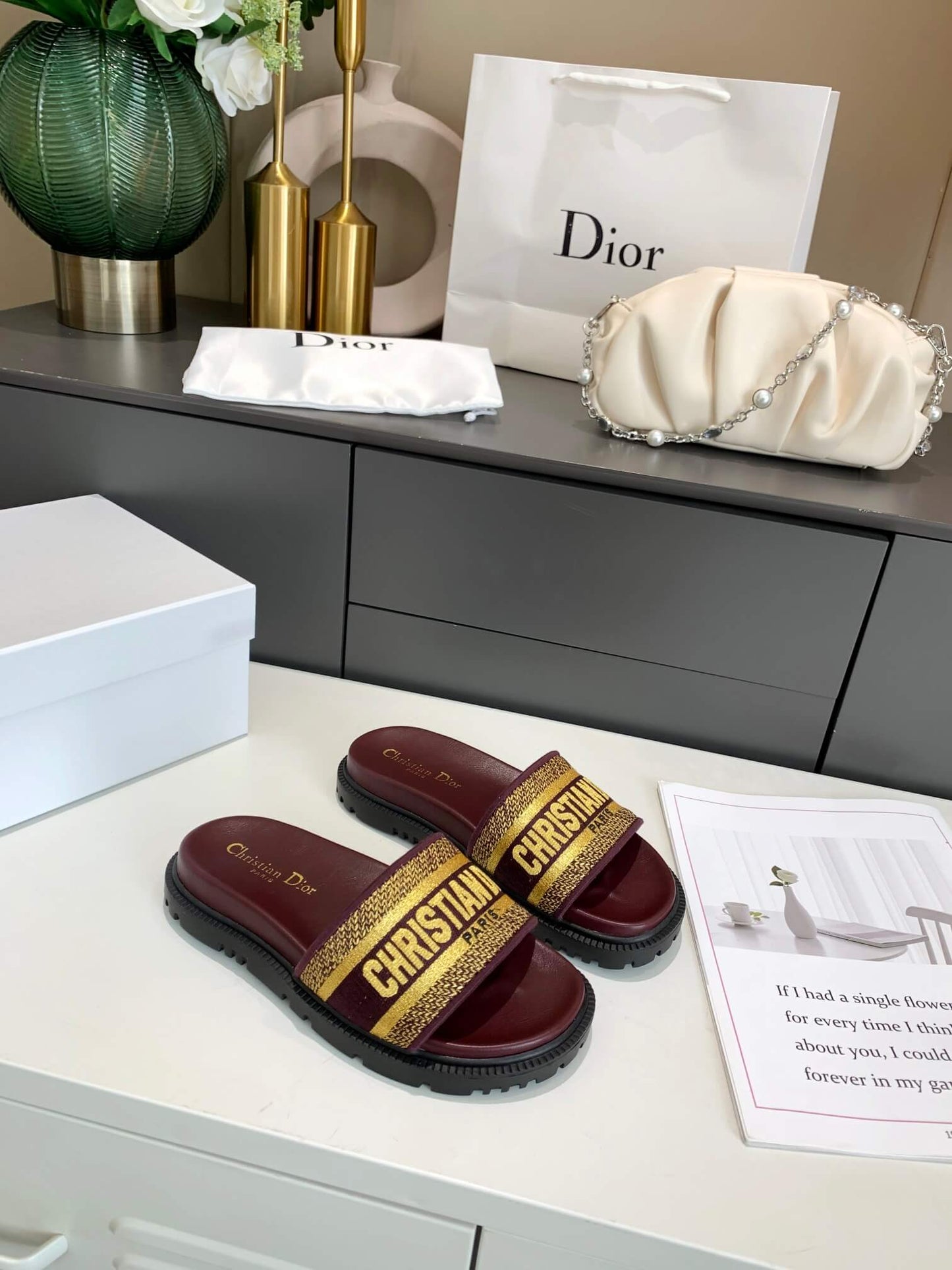 Dior D-Way Chocolate Brown with Gold Embroidered Strap Slides