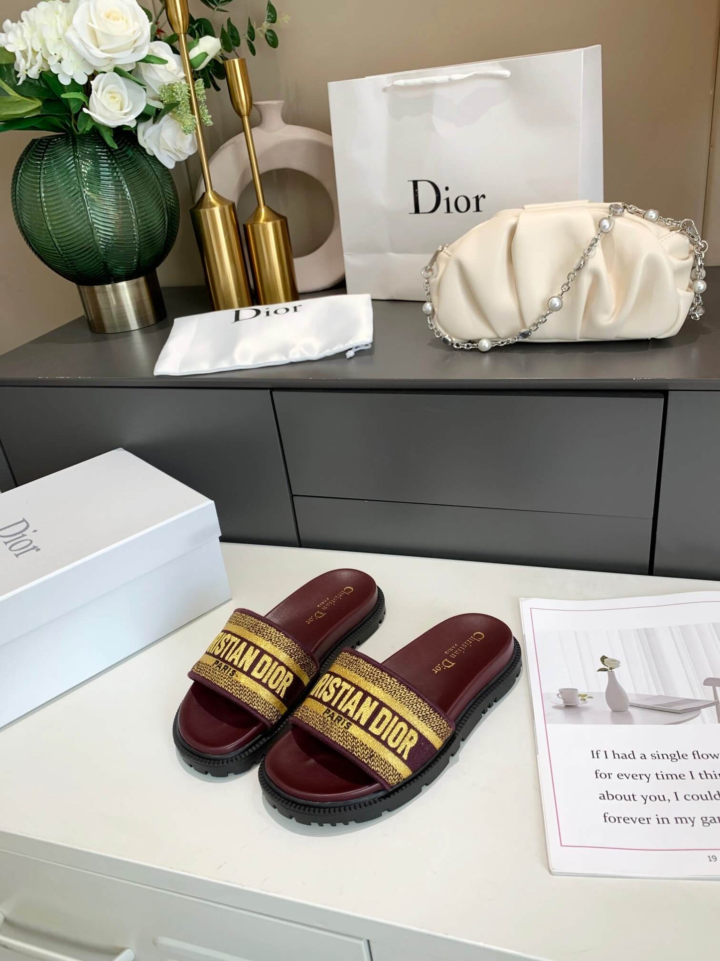 Dior D-Way Chocolate Brown with Gold Embroidered Strap Slides
