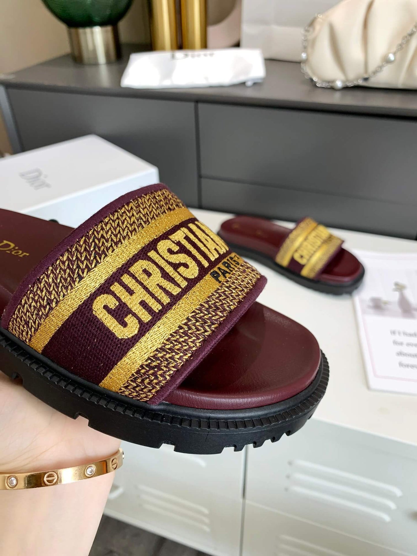 Dior D-Way Chocolate Brown with Gold Embroidered Strap Slides