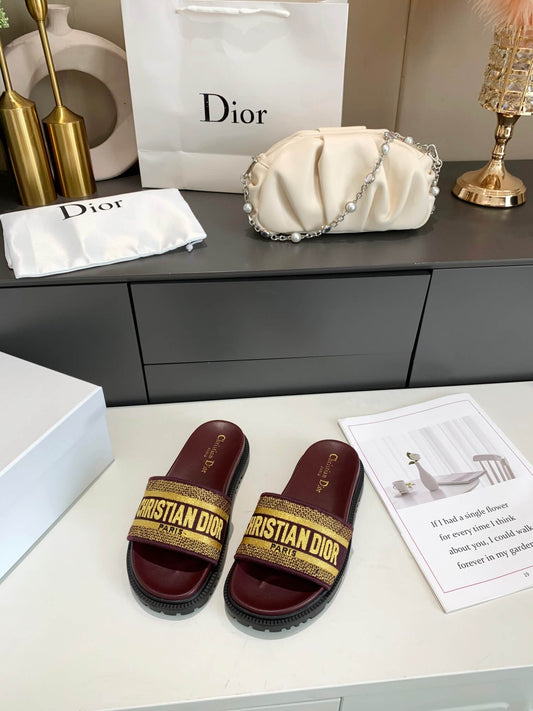 Dior D-Way Chocolate Brown with Gold Embroidered Strap Slides