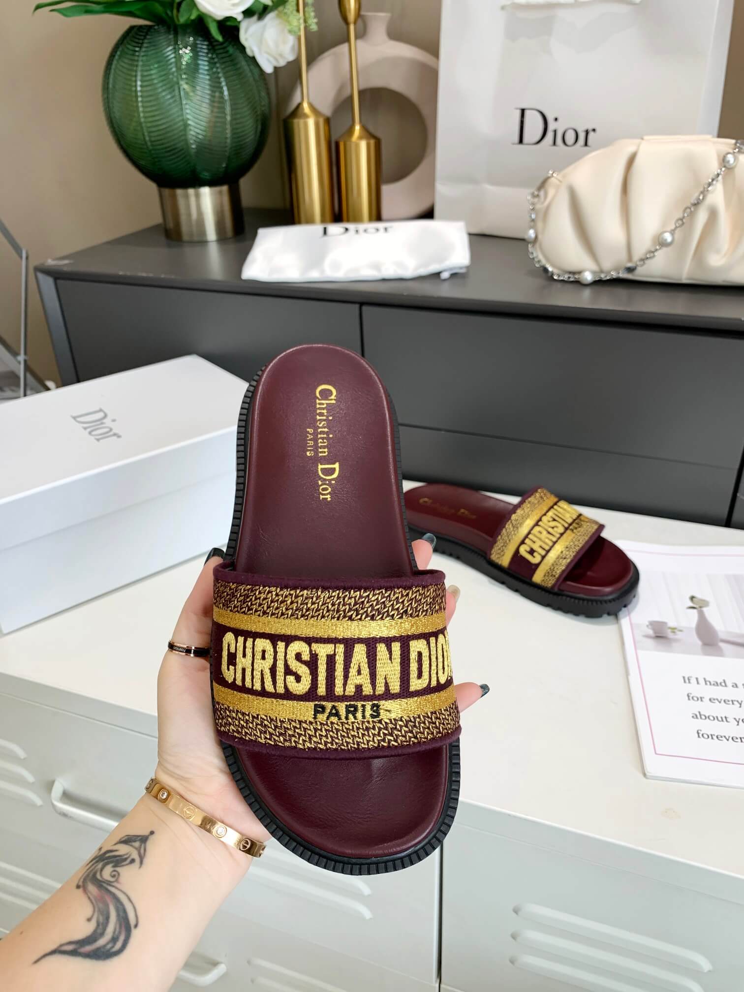 Dior D-Way Chocolate Brown with Gold Embroidered Strap Slides